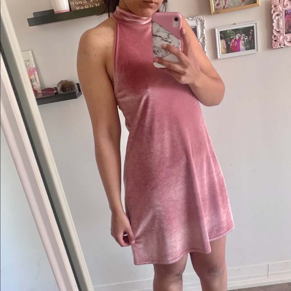 3 for $50 - Pink velvet mini dress with high neck